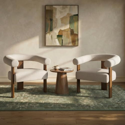 VKNOW Barrel Accent Chairs Set of 2 with Armrests and Walnut Wood Legs | Mid Century Modern Upholstered Living Room Chairs with Open Back, Faux Mohair Fabric, for Living Room, Bedroom, Khaki - color: Khaki(walnut Legs), size: Set of 2