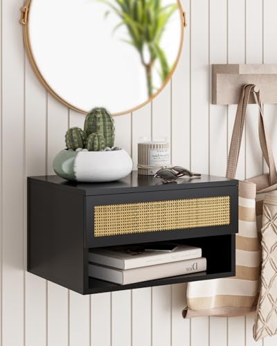 Modern Floating Nightstand with Drawer, Wall Mount Shelves, Black Rattan | Small Space Saver, Modern Minimalist Design, Wall Mounted Shelves, for Bedroom, Bathroom, Living room, Easy Assembly, Rattan - color: Black Rattan