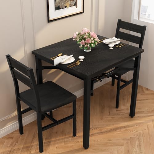 Hooseng 3 Piece Dining Table Set for 2, Small Wooden Kitchen Table with Storage, Farmhouse Square Dinette Set for Dining Room, Breakfast Nook, Apartment, Small Space - color: Black
