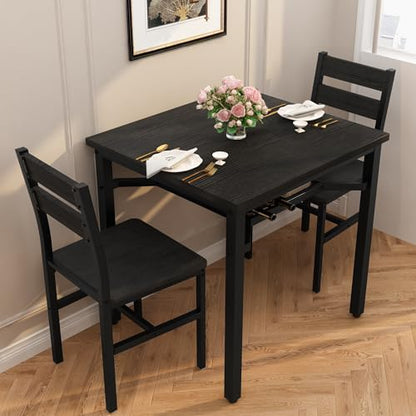 Hooseng 3 Piece Dining Table Set for 2, Small Wooden Kitchen Table with Storage, Farmhouse Square Dinette Set for Dining Room, Breakfast Nook, Apartment, Small Space - color: Black
