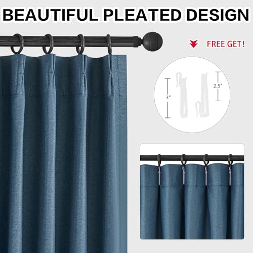 Denim Blue Blackout Pinch Pleated Curtains 102 Inches Long 1 Panel Lightweight Thermal Insulated Faux Linen Curtains with Hooks Room Darkening for Living Room 60W x 102L Inch - color: Denim Blue, size: 60"W x 102"L (Pack of 1)
