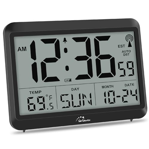 Self-Setting Atomic Digital Wall Clock with Auto DST | Battery Operated, Large Display with Temperature, Date and Day, 4 Time Zones, Wall Mount/Desktop Clock for Classroom, Office - size: Medium