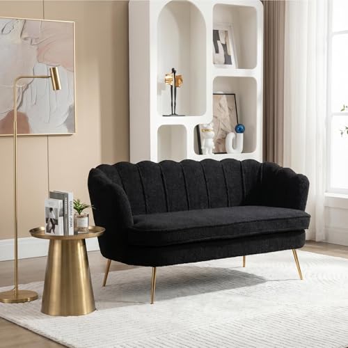 Black Modern Boucle Loveseat Couch with Gold Metal Legs | 2-Seater Upholstered Mini Sofa Couches for Small Space,Living Room Bedroom Office Dorm Studio Apartment Love Seat Couche - color: Black