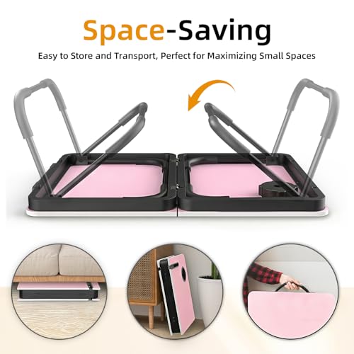 BUYIFY 23.4" Foldable Lap Desk Bed Table with Cup Holder Portable Tray | Folds Flat for Easy Storage, No Assembly Laptop Bed Desk, Sturdy and Lightweight, Patent Design,Pink - color: Pink
