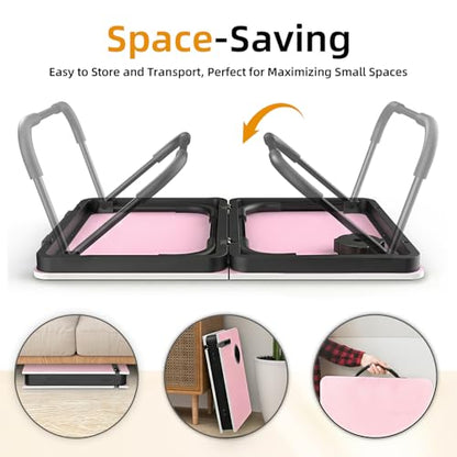 BUYIFY 23.4" Foldable Lap Desk Bed Table with Cup Holder Portable Tray | Folds Flat for Easy Storage, No Assembly Laptop Bed Desk, Sturdy and Lightweight, Patent Design,Pink - color: Pink