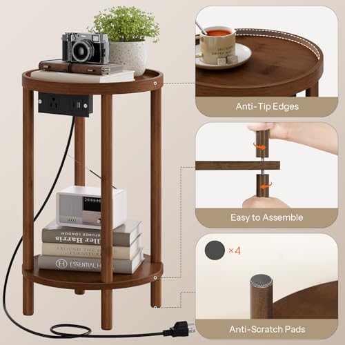 HOOBRO Small Round Side Table with Charging Station, 2-Tier Round Bamboo End Table, Compact Sofa Bedside Table for Small Space, Easy Assembly, for Living Room, Bedroom, Apartment, Mocha MA156UBZ01 - color: Mocha