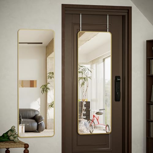 BEAUTYPEAK Over The Door Mirror Full Length 14"x48", Full Body Mirror, Gold | Shatterproof Tempered Glass and Aluminum Alloy Frame, No-Drilling Hanging or Wall Mount, For Bedroom, Dorm - color: Re-gold, size: 48"L x 14"W