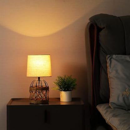 Boho Table Lamp for Bedroom, Small Bedside Lamp with Rattan Metal Cage Base and Linen Shade, Nightstand Lamp for Living Room, Farmhouse Coastal Rustic Bedroom Decor, E26 Socket, Bulb Not Included - size: 1 Pack