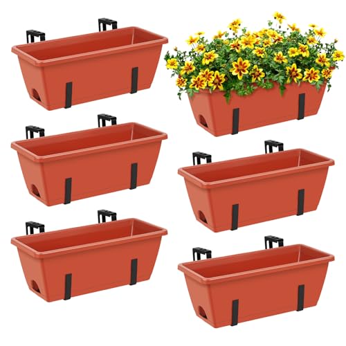 ETELI Railing Planter Box 6 Pack Balcony Planters Railing Hanging with Metal Brackets Window Boxes Deck Rail Planter for Outdoor Indoor Porch Garden Patio, Red & Black - color: Red & Black