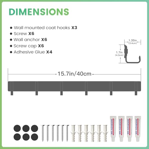 16" Heavy Duty Wall Mount Coat Rack with 6 Hooks, 3-Pack (Black) | Strong Glue or Screw Mount, Coat Hanger for Hanging Coats, Hats, Jackets and Bags in Entryway, Bedroom, Bathroom or Closet - color: Black - 3 Pack