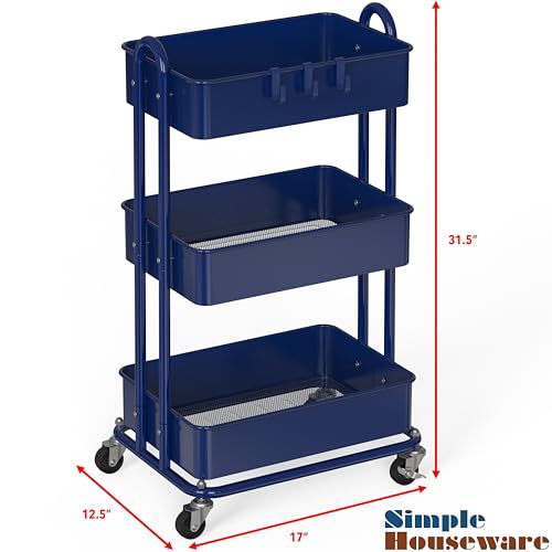 Simple Houseware 3-Tier Heavy Duty Metal Utility Rolling Cart, Navy - color: Navy