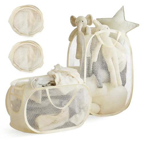2 pcs Foldable Pop up Hamper, Collapsible Mesh Laundry Hamper, Storage Basket with Reinforced Handles, Breathable Space-Saving Organizer for Laundry, Kids Toys, Bathroom, Living Room, Dorm