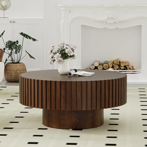 31.5 inch Brown Round Drum Fluted Coffee Table | Mid Century Style Fluted Drum End Table, Handcrafted Wood Fluted Relief, with Sturdy Base, For Living Room & Apartment - color: Brown Round