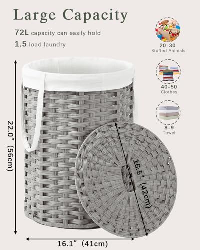 SETVSON Laundry Hamper with Lid Laundry Basket with Lid 19.0 Gal, Gray | Round Clothes Organizer with Lid, Removable Inner Liner Bag with Handles, 2 Mesh Wash Bags, Easy 5-Minute Assembly - color: Gray, size: 72 L