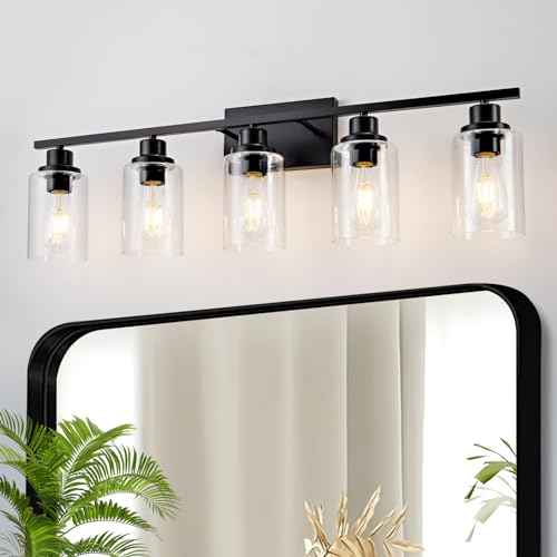 5 Light Bathroom Light Fixtures Black Vanity Light Over Mirror Modern Farmhouse Wall Lighting Sconces Wall Lamp for Bathroom, Bedroom, Living Room E26 Socket with Glass Shade - color: Black, size: 5 Light