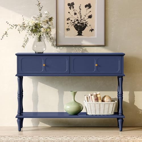 ARTPOWER 47" Mid-Century Console Table, 2 Drawers and Open Shelf, Blue | Entryway Table with Storage, Narrow Behind Couch Table for Living Room, Foyer, Hallway - color: Blue