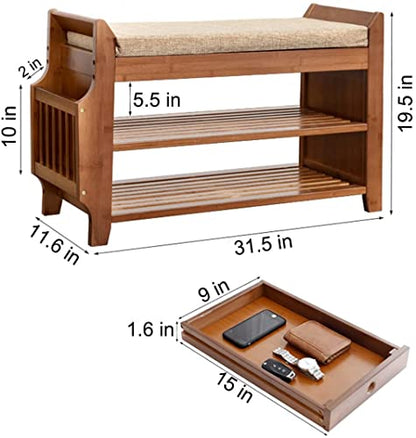 PETKABOO Shoe Bench with Hidden Drawer and Side Holder, 2 Tier Entryway Bench with Storage 31.5 in, Bamboo Shoe Rack with Cushion for Entryway Hallway Living Room Bedroom - size: 31.5"