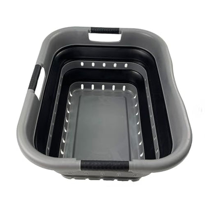 SAMMART Collapsible 3 Handled Plastic Laundry Basket - Foldable Pop Up Storage Container/Organizer - Portable Basket - Space Saving Hamper/Basket (Grey/Black, 3 handled rectangular) - color: Grey/Black