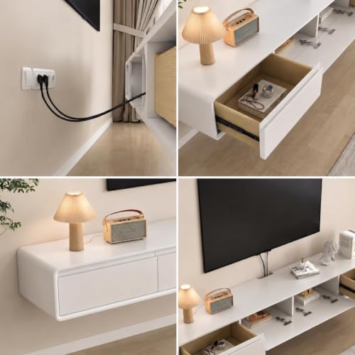 Floating TV Stand, Modern Wall-Mounted Entertainment Center with 1 Flip-Down Cabinet Doors 2 Drawers, Solid Wood Media Console (White, 63") - color: White, size: 63"