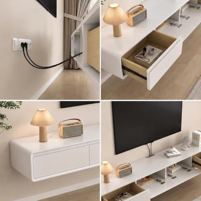 Floating TV Stand, Modern Wall-Mounted Entertainment Center with 1 Flip-Down Cabinet Doors 2 Drawers, Solid Wood Media Console (White, 63") - color: White, size: 63"