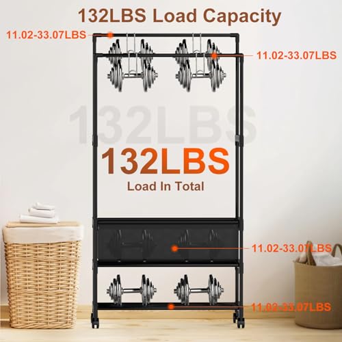 Double Rods Clothes Rack, Heavy Duty Metal Garment Rack Metal Clothing Racks with Shelves Lockable Wheels Portable Storage Bag Height Adjustable for Bedroom Laundry Living Room - size: 30.31"D x 13.58"W x 57.09"H