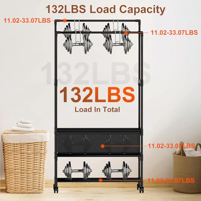 Double Rods Clothes Rack, Heavy Duty Metal Garment Rack Metal Clothing Racks with Shelves Lockable Wheels Portable Storage Bag Height Adjustable for Bedroom Laundry Living Room - size: 30.31"D x 13.58"W x 57.09"H