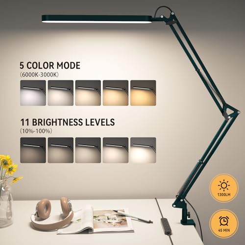 Desk Lamp - LED Desk Light - 5 Color Modes X 11 Brightness Levels - Adjustable Swing Arm - Timmer & Memory Function - 12W Lamp for Desk - Green - style: Green swing arm