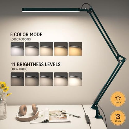 Desk Lamp - LED Desk Light - 5 Color Modes X 11 Brightness Levels - Adjustable Swing Arm - Timmer & Memory Function - 12W Lamp for Desk - Green - style: Green swing arm