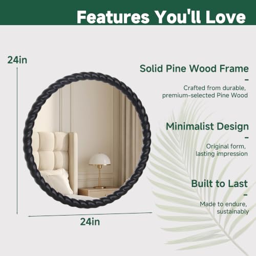 24"x24" Round Solid Wood Farmhouse Decorative Wall Mirror | Timeless Circle Wall Mirror with Black Braided Wood Frame, Perfect for Bathroom, Vanity, Entryways, Living Rooms ﻿ - color: Black, size: 24"L x 24"W