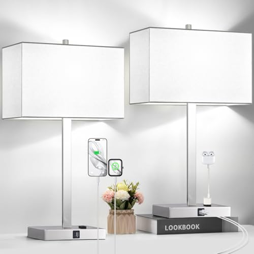 21" Set of 2 Touch Control Table Lamps with 2 USB & AC Outlets, 3-Way Dimmable Modern Nightstand Lamps for Bedroom Living Room Office Reading, White Shade Bedside Lamps, 5000K LED Bulbs Included. - color: (2 Pack)White Linen & Brushed Nickel(Base)-5000K B