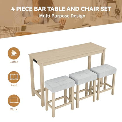 59" Dining Bar Table Set with Power Outlet, Behind Couch Sofa Table with 3 Padded Stools, 4 Piece Bar Table and Chairs Set for Living Room, Dining Room, Oak - color: R3-oak