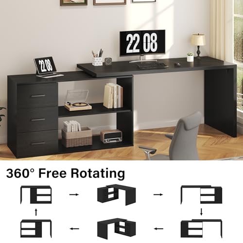 HSH 55-76 Inch Black Farmhouse L Shaped Desk with Drawers 360 Rotating | Office Desk Conner Coumputer Desk With storage Long For Work,Executive,Study,Writing,Teacher,Bedroom,Modern Gaming Table - color: Black