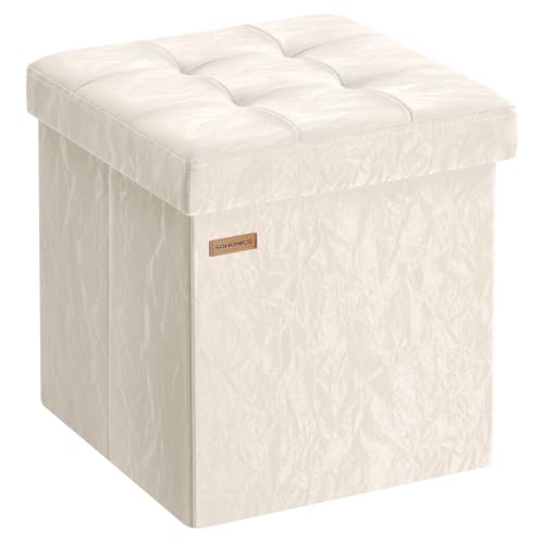 SONGMICS Storage Ottoman, Textured PU Leather Footstool, Foldable Footrest with Cushion, for Living Room and Bedroom, 15 x 15 x 15 Inch, White, Minota Collection ULSF522WD01 - color: White (Wthout Legs)