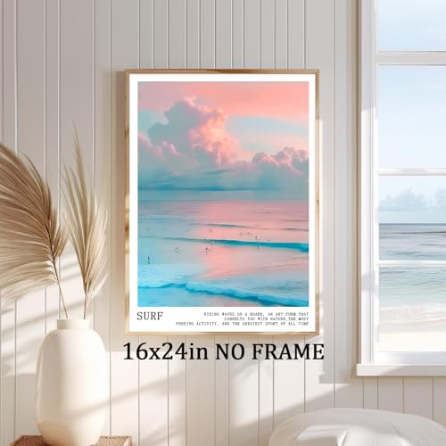 Pink and Blue Coastal Wall Art Cute Preppy Summer Pictures Aesthetic Summer Posters Trendy Beach Pictures Blue Ocean Painting Coastal Cowgirl Artwork Beach Wave Picture for Home Room 16x24in Frameless - color: C1Unframed