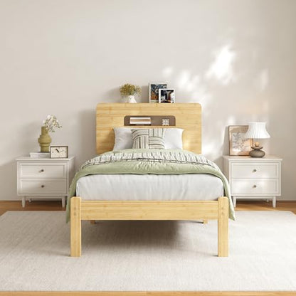 12 Inch Bamboo Platform Bed Frame Twin Size, Sturdy Bed Frame with Bamboo Frame & Iron Slats, Noise-Free Mattress Foundation No Box Spring Needed, Easy Assembly - color: Natural, size: Twin, style: 12 INCH