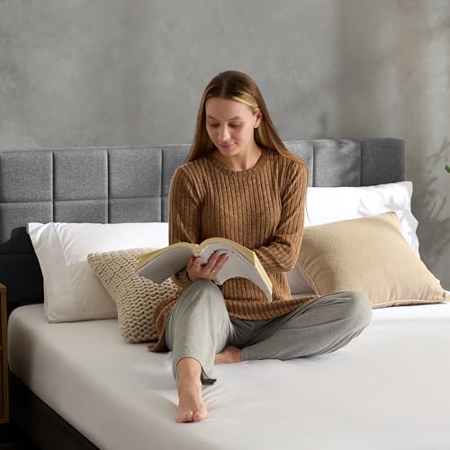 Hearth & Harbor Bed Headboard, Square Tufted Linen Queen Headboard Only, Upholstered, Wall Mounted, Adjustable Height 34'-42', Modern, Silver - color: Silver, size: Queen