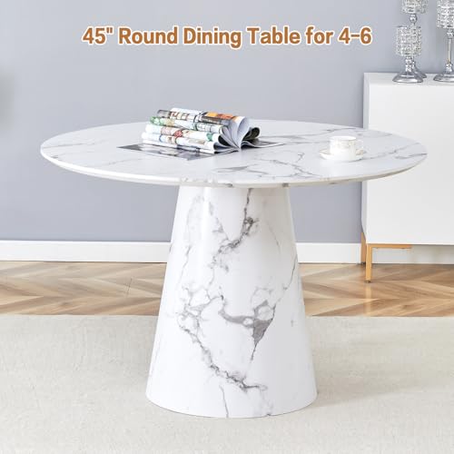 White Round Dining Table for 4-6,45" Round Kitchen Table,Faux Marble Round Dinner Table,Modern Dining Table with Pedestal Base for Apartment Dining Room - color: 45'' White