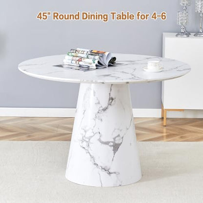 White Round Dining Table for 4-6,45" Round Kitchen Table,Faux Marble Round Dinner Table,Modern Dining Table with Pedestal Base for Apartment Dining Room - color: 45'' White