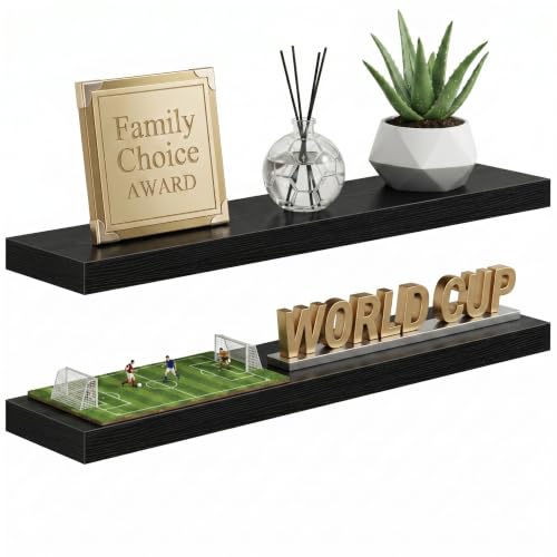 Fun Memories Floating Shelves for Wall, 30" Rustic Wood Deep Wall Mounted Shelves with Invisible Brackets for Decor & Storage, Floating Shelf for Living Room, Bathroom (Black, Set of 2) - color: Black, size: 30"W x 6.5"D, 2Packs