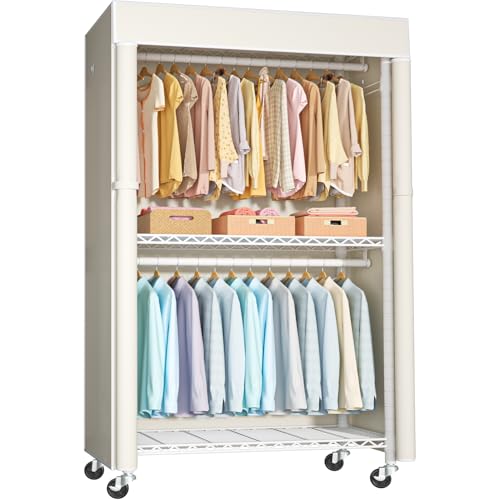 White Clothing Rack with Beige Cover, P1C Rolling Closets | Metal Garment Rack for Hanging Clothes, Clothing Storage Wardrobe, with Wheels - color: White Rack With Beige Cover