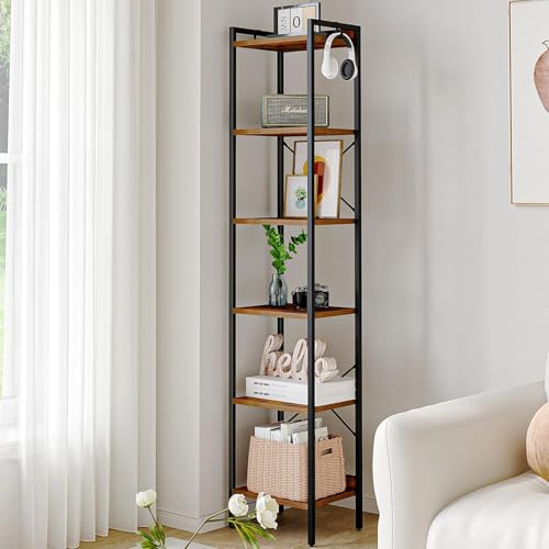 Hzuaneri Bookshelf, Book Shelf, Industrial Bookcase with 2 Hooks | Coner Shelf Storage Organizer for Home Office, Living Room, Bedroom, Kitchen, 6-Tier Rustic Brown BC10701B - color: Rustic Brown, size: 9.4"D x 15.4"W x 72.8"H