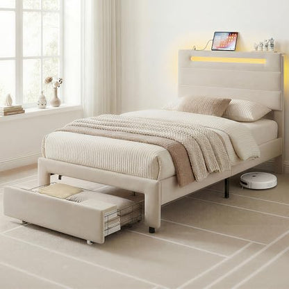 LIKIMIO Twin Bed Frames with Storage Drawer, Lights & Charging Station | Upholstered Modern Platform Bed, Twin Bed Frame with Headboard, No Box Spring Needed, Easy Assembly, Noise-Free, White - size: Twin