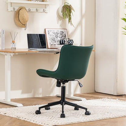 YOUTASTE Dark Green Armless Office Chair, Modern Adjustable Swivel Desk Chair with Wheels, Upholstered PU Leather, Black Metal Legs, Back Support for Home Office, Study, Vanity, Bedroom - color: Dark Green
