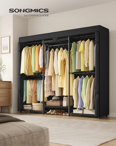 SONGMICS Heavy-Duty Clothes Rack, Garment Rack, Portable Closet, 68.7-Inch Wide Clothing Rack with Adjustable Mesh Shelves and Hanging Rails, Ink Black ULGR435B01 - color: Ink Black, size: 68.7"L x 76"H, style: With Fabric Cover