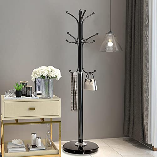 Kertnic Freestanding Coat Rack Stand, Heavy Duty Metal Hall Tree with 12 Hooks, 70 Inch Tall Stable Coat Hanger with 14.6" Natural Marble Base, Entryway Organizer for Coats Bags Hats Purses (Black) - color: Black