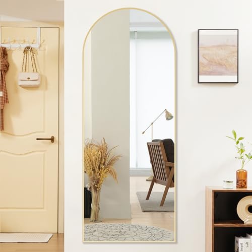 Sweetcrispy 64"x21" Arched Full Length Mirror, Full Body Mirror, Gold | Aluminum Alloy Thin Frame, Floor or Standing, Suitable for Bedroom, Living Room, Cloakroom - color: Gold-arched, size: 64"L x 21"W