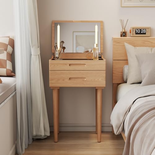 Solid Wood Small Vanity Desk with Mirror and Lights, Narrow Makeup Vanity for Small Space, Flip Top Vanity Side Table, 3 Color Modes & Adjustable Brightness, 19.6" Slim Dressing Table, Natural - color: Natural, size: 19.6" Wide