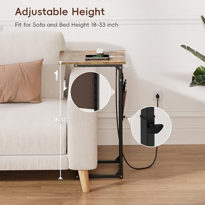 C-Shaped End Tables Set of 2 with Charging Station, 33'' Tall C Table Adjustable Height Side Table, Sofa Table for Couch, Couch Table that Slide Under Sofa, TV Trays for Living Room, Brown - color: 2pc Rustic Brown, style: With Plug