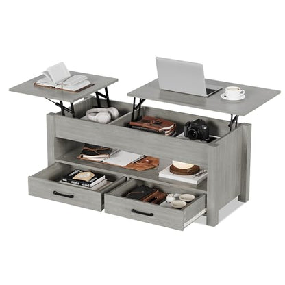 Multifunctional Lift Top Coffee Table, Convertible Wooden Coffee Table with 2 Drawers & Hidden Compartment, Storage Center Table for Living Room Home Office,Grey - color: Grey
