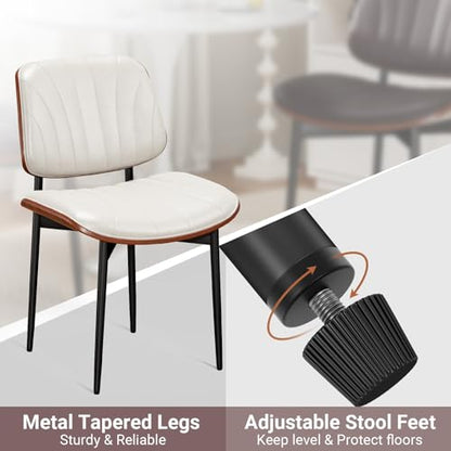 Dining Chairs Set of 2, Mid-Century Modern Upholstered PU Leather Chairs | with Walnut Bentwood Back and Metal Legs Adjustable Feet for Kitchen Dining Room, Off-White Shell Strips - color: Off-white Shell Strips
